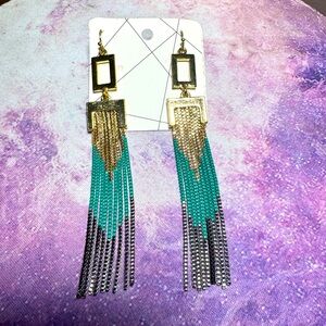 Tassel long gold green metallic plated earrings NEW
